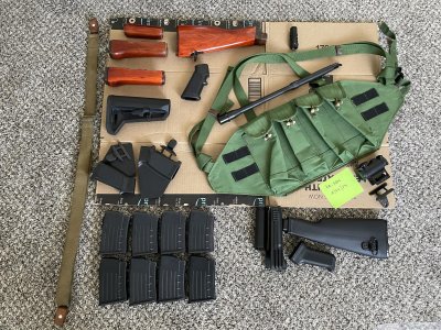 Chinese AK handguards, stock, sling, Chicom chest rig, Magpul SL-K stock, Aero 14.5 barrel, Romeo MSR green, Arsenal poly stock set, Strike Ind J Comp