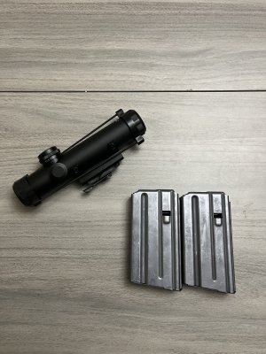 G3/PTR 30rd mag, Vietnam era colt 20s, and barska carry handle scope