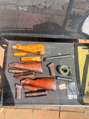 Russian ak74 stock set, Polish akm stock set, Romanian Palmswell trenchart set, New Romanian dust cover, Cheese grater, Arsenal sling, US ak100 muzzle