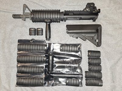 Colt Mk18 mod 0 & Colt 9mm SMG upper, Holosun HE530C red dot, Ruger TD barrels, 14" Mossberg bbl kits, Benelli barrel & parts