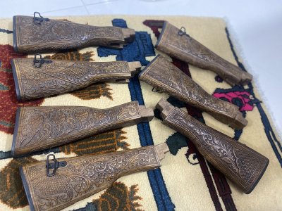 Khyber Arms Market Engraved AK wood furniture sets with stocks.