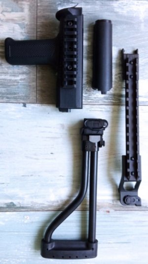 Beryl folding stock with original mounting screws, Beryl wz.96 lwr Handguard w/Vertical Grip, Beryl Weaver Optic Rail.