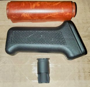 BULGARIAN CIRCLE 10 BAKELITE UPPER HANDGUARD, POLISH FB RADOM GRIP, & ROMANIAN SLANT BRAKE