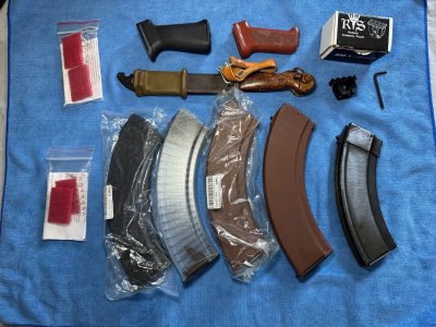 RS regulate flash light mount, AK grips: Bulgarian & TDI arms, Kalashnikov gas traps, 7.62x39 AK mags: Bulgarian polymer 40rd, PMAG Gen3 30rd, Izzy Sl