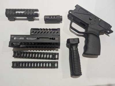 K-USA K-21 handguard set (Zenitco-ish), MP5 optic rail, MP5 trigger housing/grip module, Kley Zion VFG, VZ-58 muzzle brake