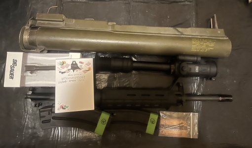 Deactivated M72A2 LAW, 5.45x39 AR upper, budget thermal rifle scope, sig p229 barrel