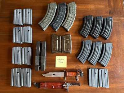 Magazines: SG550, HK MP5, Mec-Gar CZ-75, 7.62 AK Circle 10s and Hungarian Tankers, Colt and Okay 20-rd AR-15; Bakelite Circle 10 Bayonet