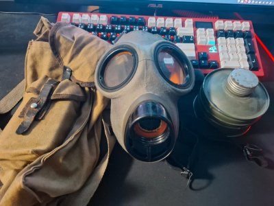 Finnish M38 Gas Mask, French M1945 Helmet, Belgian M1, Sovit Usanka, Euro Hellion magwell + magazine, RAK-1 trigger, ON-m59, and vz58 bayonet