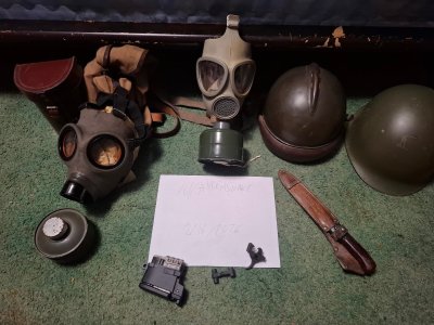 Finnish M38 gas mask, Hellion/VHS-2s euro magwell + magazine, French M1945 Helmet, Belgian M1 clone, CM-4 gas mask, VZ58 bayonet