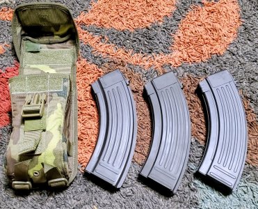 3 - YUGO BHO 30RD MAGAZINES (H-190 ARMOR BLACK CERAKOTE) W/CZECH WOODLAND CAMO 3 CELL POUCH