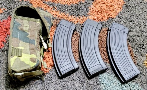 3 - YUGO BHO 30RD MAGAZINES (H-190 ARMOR BLACK CERAKOTE) W/CZECH WOODLAND CAMO 3 CELL POUCH & 2 - BULGARIAN 40RD CLEAR POLYMER MAGAZINES