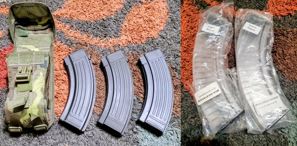 3 - YUGO BHO 30RD MAGAZINES (H-190 ARMOR BLACK CERAKOTE) W/CZECH WOODLAND CAMO 3 CELL POUCH & 2 - BULGARIAN 40RD CLEAR POLYMER MAGAZINES