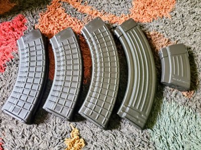 ARSENAL ((10)) 40RD,  2 - ARSENAL ((10)) 30RD, MOLOT 40RD (SPINE STAMPS), & CROATIAN 10RD MAGAZINES (ALL DONE IN H-190 ARMOR BLACK CERAKOTE)