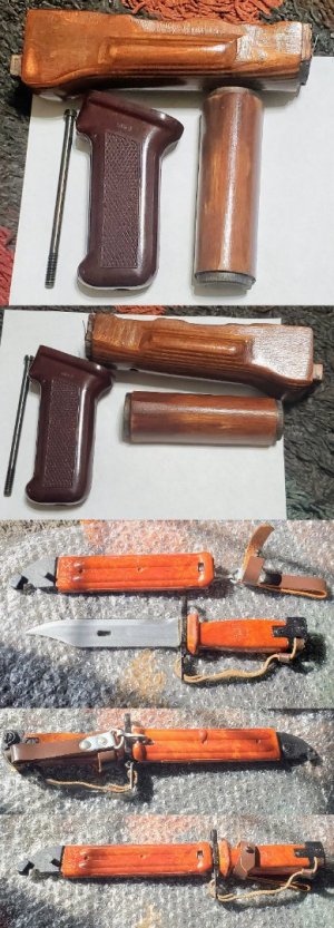 RUSSIAN AKM HANDGUARD SET W/BAKELITE GRIP (NOS), BULGARIAN ARSENAL CIRCLE 10 BAKELITE TYPE 2 BAYONET (MUST GO, OFFERS WELCOME!)